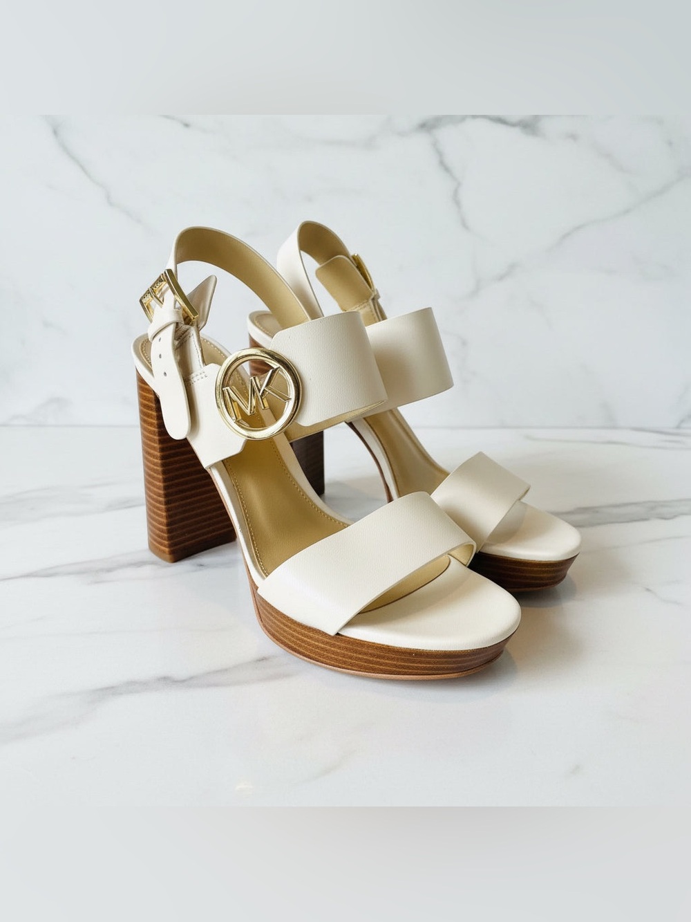 MICHAEL KORS Cream Leather Platform Block Heel Sandals with Gold MK Logo